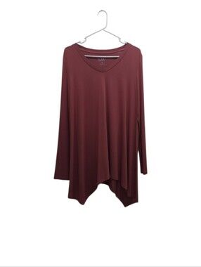 Logo Layers Brick Red Tunic Top V Neck Long Sleeve Asymmetrical Hem Stretch Sz M